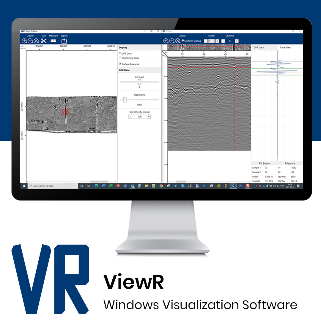 Screen displays radargram with GPR data. ViewR software is used